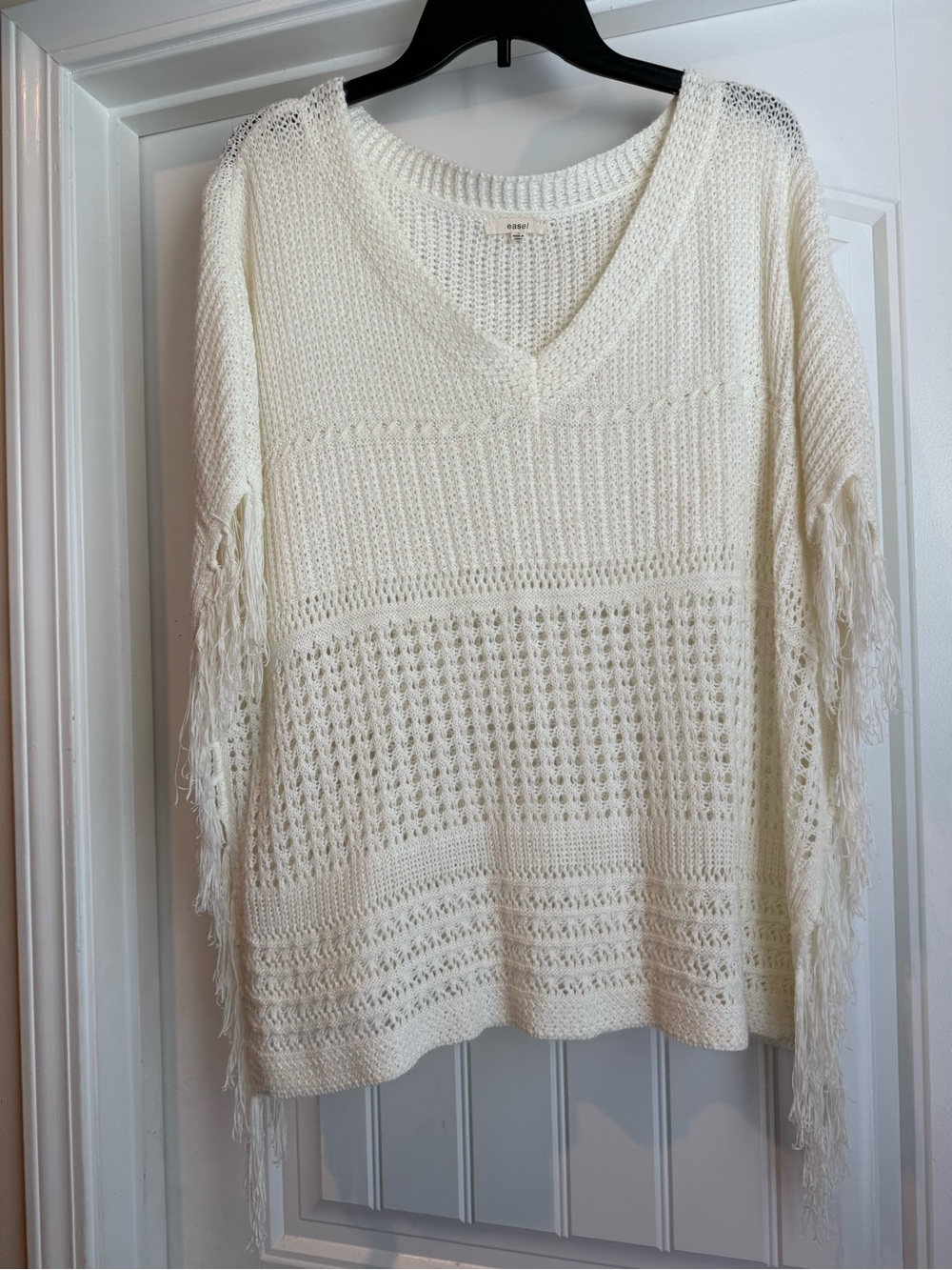 easel Cream Fringe Open-Knit V-Neck Sweater